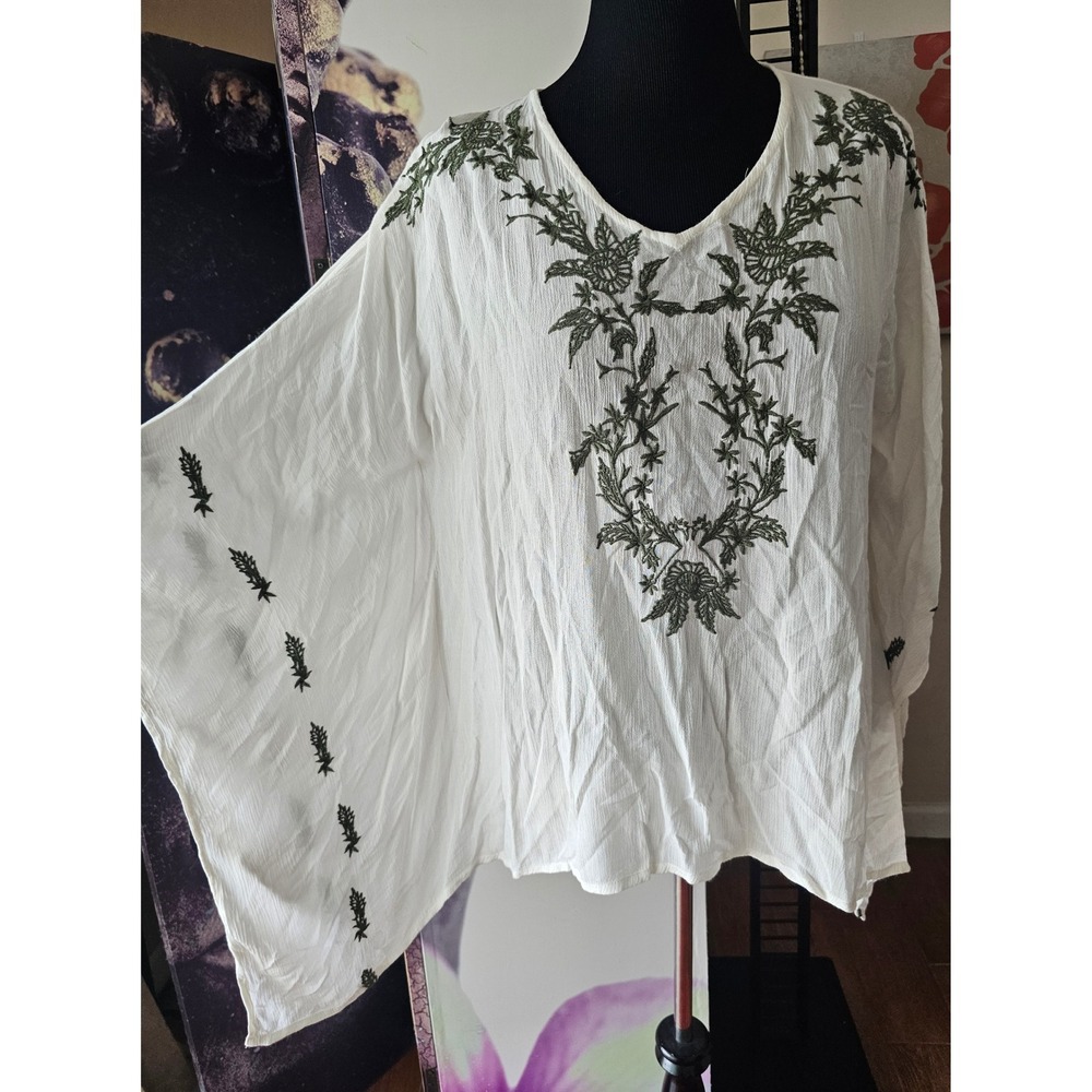 Claudia Richard Ecru Olive Embroidered Tunic Top Blouse Womens Size S NWT